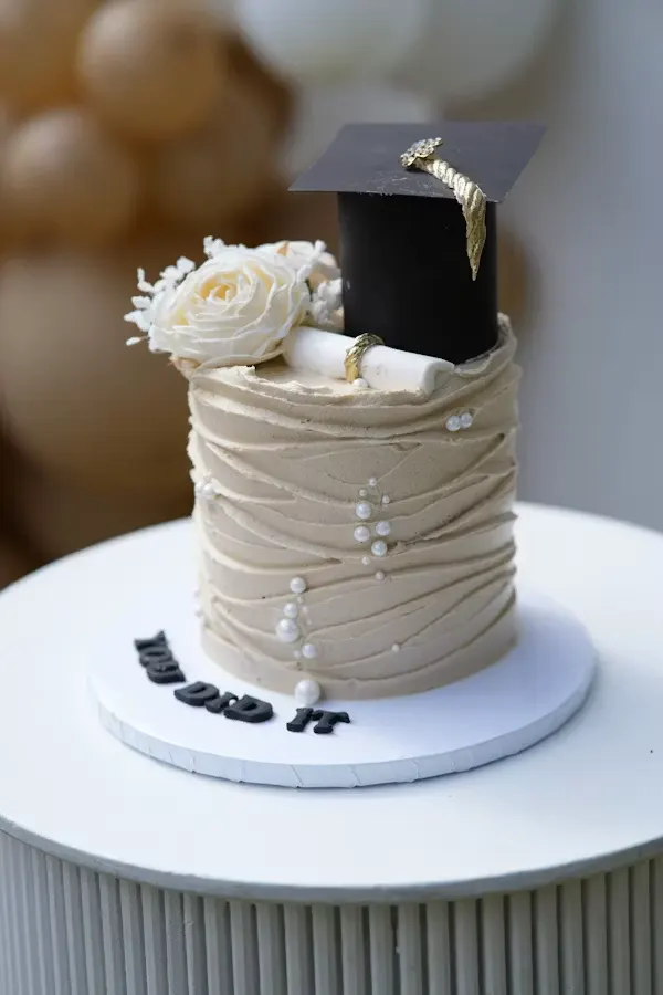 Graduation farewell cake with a fondant cap, white roses, pearls and a "You Did It" message