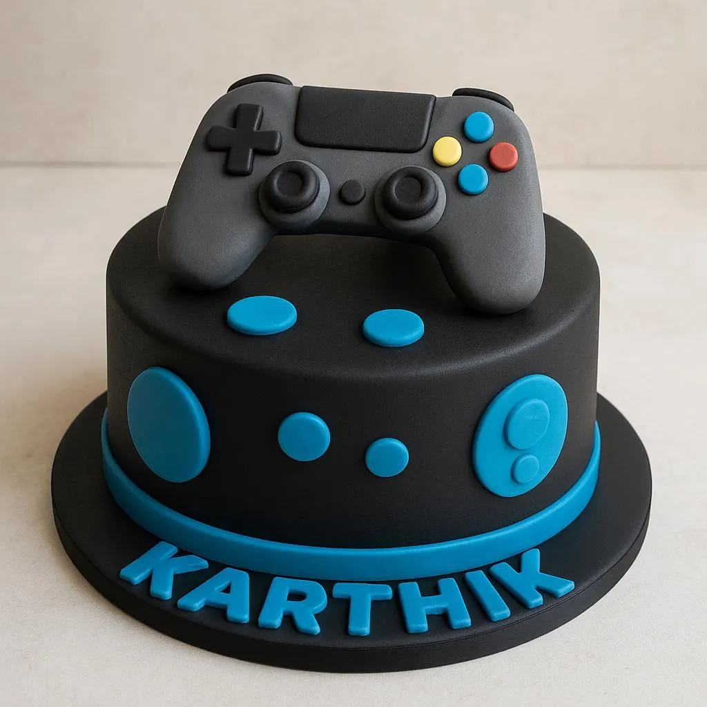 Black fondant cake topped with a fondant game controller and blue button accents, personalized with a name in blue lettering
