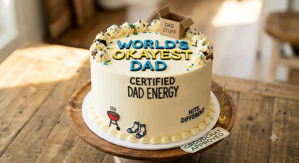 White 'World's Okayest Dad' cake with 'Certified Dad Energy' and 'Hits Different' piped in icing, decorated with a grill and socks illustration