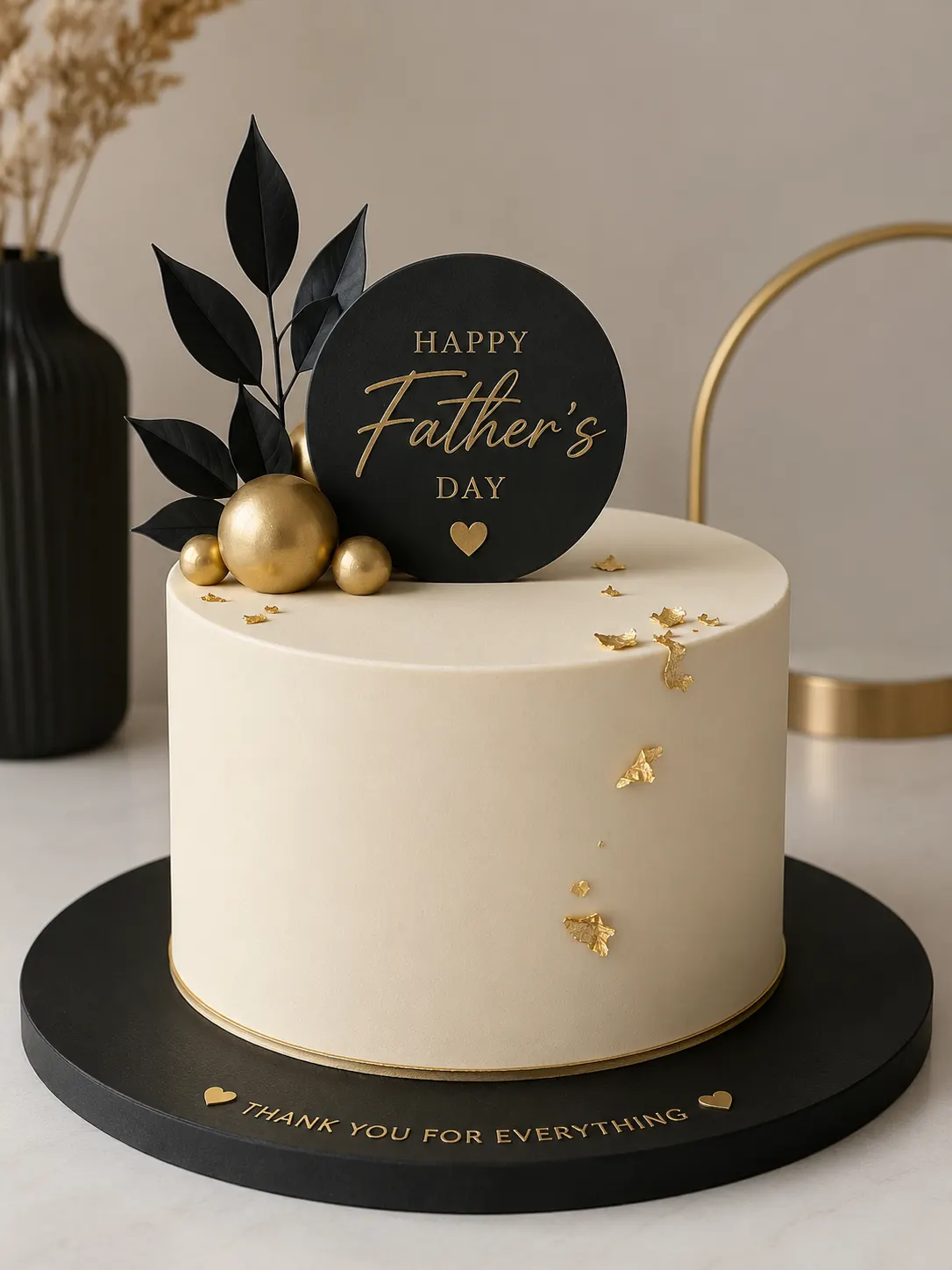 Cream and gold Happy Father's Day cake with black leaf and gold sphere decorations on a black board reading 'Thank You For Everything'