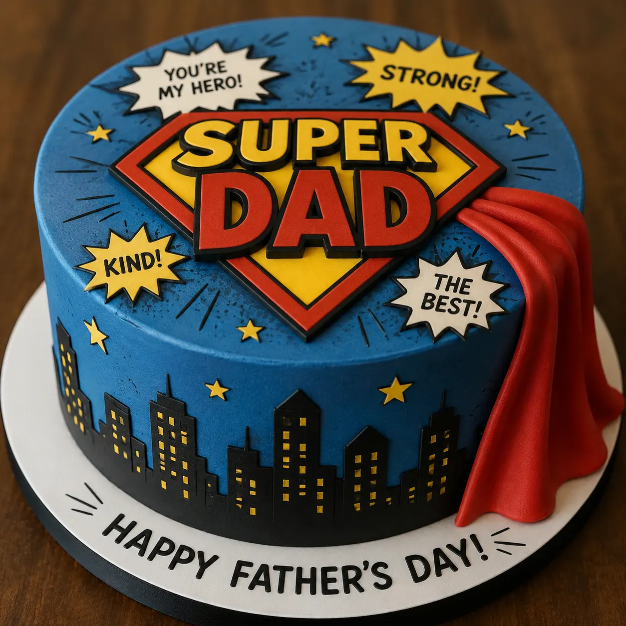 Blue comic-book style cake with a 'Super Dad' logo, red fondant cape and city skyline silhouette, reading 'Happy Father's Day!'