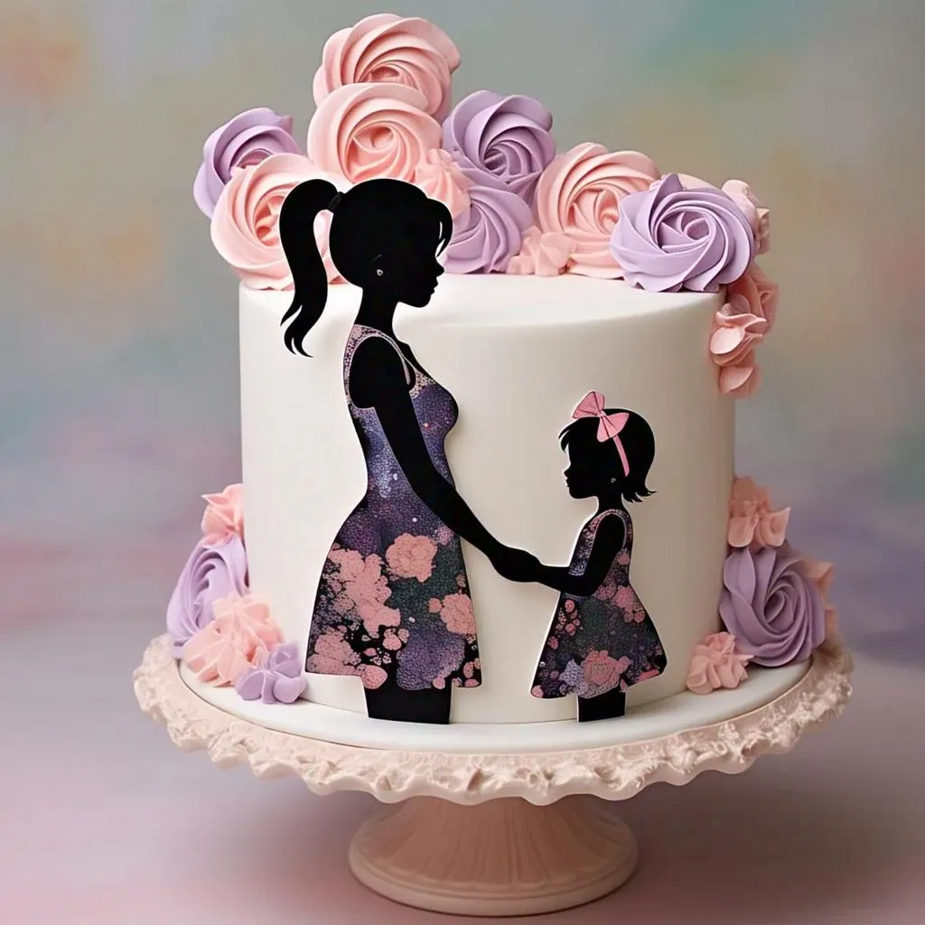 White fondant cake with a silhouette of a mother and daughter holding hands, surrounded by pink and lavender buttercream roses