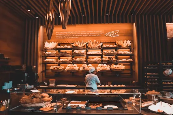 A professional bakery counter, the kind Deep trained in before going independent